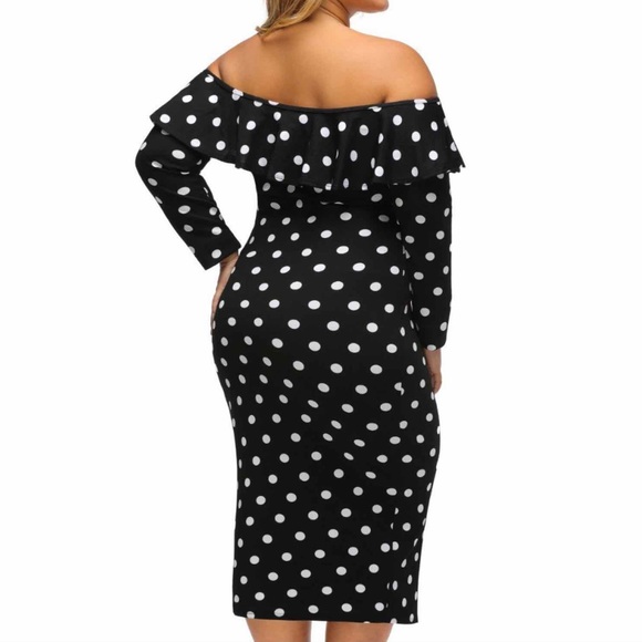 Plus Black Polka Dot Ruffle Off-shoulder Dress - Picture 3 of 4